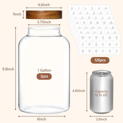 KEYWING 1 Gallon Glass Jars w/Acacia Lids for Flour & Rice Containers 2Pcs