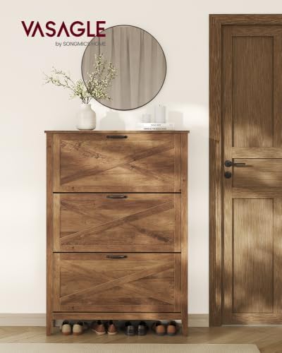 VASAGLE Farmhouse Shoe Cabinet, Narrow Storage Organizer, 3 Flip Drawers