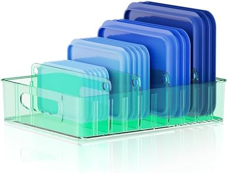 LYNG Lid Organizers Inside Cabinet, Clear Plastic Storage Lid Organizer With 4 Adjustable Dividers, Food Container Lid Organizer For Kitchen Pantry Green