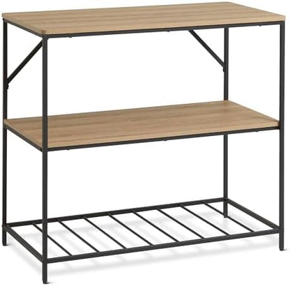 Amazon Basics Kitchen Island with 3 Storage Shelves, Black and Oak Effect, Melamine Surface, Adjustable Feet