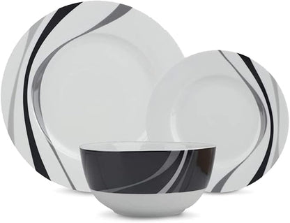 Amazon Basics Dinnerware Set, Microwave and Dishwasher Safe, Service for 6, 18-Piece Complete Kitchen, Plates, Dishes, Bowls, Swirl