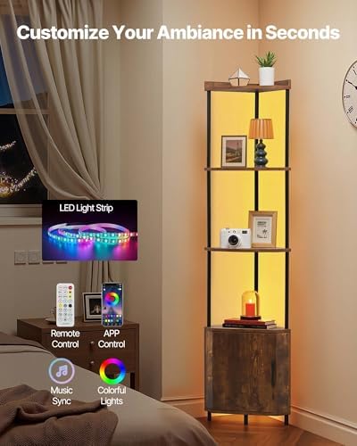 VEVOR 5 Tier Corner Shelf with LED Light, 65.4" Tall Corner Bookshelf with Storage Cabinet, Display Shelf with Multi-Color Lights Controlled Via RC/APP for Bedroom, Living Room, Office