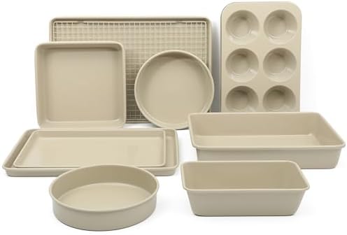 Martha Stewart Gallen 10 Piece Baking Pans Ceramic PFA Free Non Toxic Non Stick Bakeware Set - Taupe