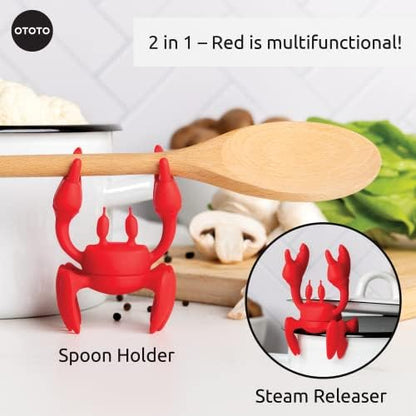 OTOTO 2 in 1 Silicone Spoon Rest & Steam Releaser - Large Spoon Holder for Stove Top - Unique and Useful Gift for Cooking - Heat Resistant Utensil Rest, Kitchen Gadgets, Red Gift (Red the Crab)