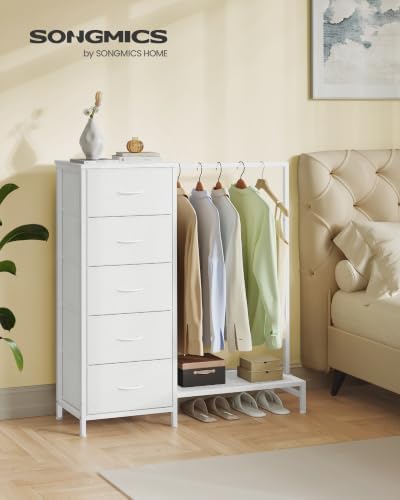 SONGMICS Dresser with Hanging Rod, 5 Fabric Drawers, Bottom Shelf