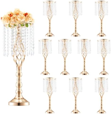 VEVOR 10PCS 55cm/21.65” Tall Crystal Wedding Flower Stand, Metal Wedding Centerpiece Vase, Gold Flower Holders Floral Display Rack for Tables Wedding Dinner Party, Ceremony Birthday Event Decor