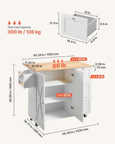 VEVOR Kitchen Island Cart, 45.3x39 inch Rolling Kitchen Table, Mobile Carts with Storage Cabinet and Solid Wood Top, Portable Islands with Wheels, Spice Rack, Towel Rack, Drop Leaf and Drawer, White