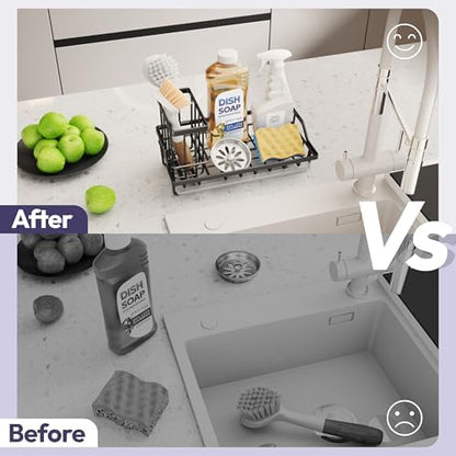 SWTYMIKI Large Sink Caddy Kitchen Sink Organizer with Detachable Brush Holder, Stainless Steel Sponge Holder with Removable Drip Tray Sponge Caddy for Kitchen Countertop, Black