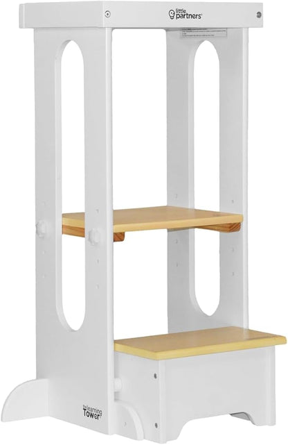 Little Partners Foldable Toddler Tower, Learning Tower Explore 'N Store Montessori Standing Kitchen Tower with Folding Step Stool Platform for Cooking and Learning, Ages 2+ (White w/Natural)