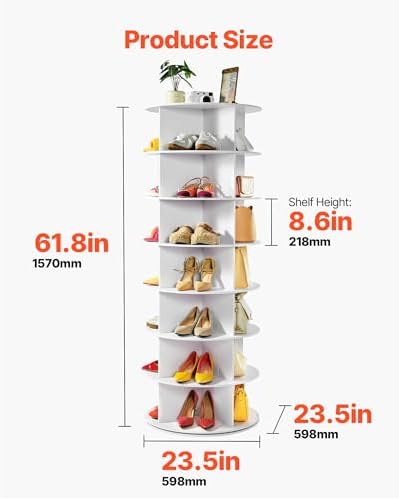 VEVOR 6 Tiers Rotating Shoe Rack Tower, 360° Spinning Shoe Rack, Revolving Storage Round Carousel Display, Freestanding Lazy Susan Organizer Display for Bedroom, Living Room, Entryway, Closet, White