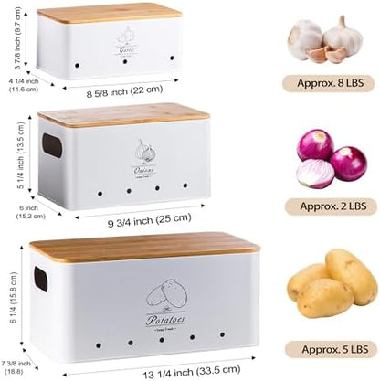 Metal Potato Onion Garlic Storage Tin Set of 3, White