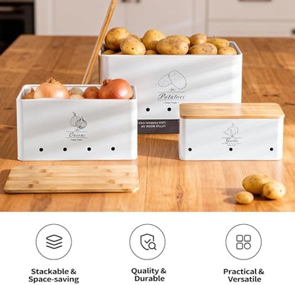 Metal Potato Onion Garlic Storage Tin Set of 3, White