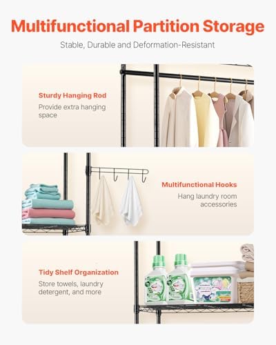 VEVOR Over the Washer and Dryer Storage Shelf, 4 Tier Laundry Room Drying Rack with Hanger Rod and Hooks, Adjustable Over Washer and Dryer Shelves, Laundry Room Shelf Storage Space Saver, Black