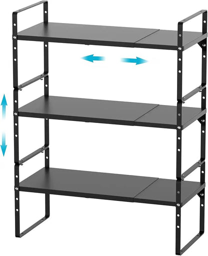 iPEGTOP Expandable Cabinet Storage Shelf Organizer Rack, Heavy Duty Steel Metal Spice Rack Adjustable Height Home Office Garage Pantry Shelf Space Riser for Counter Kitchen Organization, Black, 3 Pack