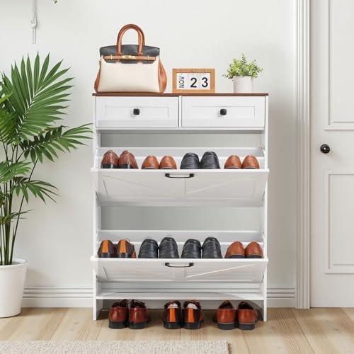 VEVOR Shoe Cabinet with 2 Flip Drawers, Farmhouse Shoes Storage Cabinet with 2 Drawers and Anti-Tipping Device, Freestanding Shoe Organizer Ideal for Entryway, Hallway, Bedroom, Living Room, White