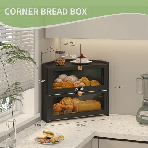 JANSNIMEN Corner Bread Box for Kitchen Countertop Bamboo Bread Holder