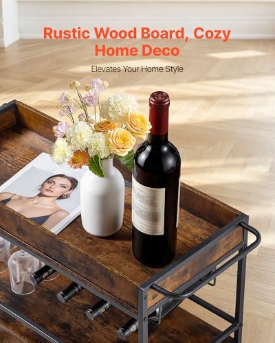 VEVOR Bar Cart with Wheels, Large Wide 3-Tier Rolling Serving Cart, 34.64-Inch Beverage Station with Wine Rack, Glass Holder and S Hooks for Home Kitchen, Rustic Brown and Black