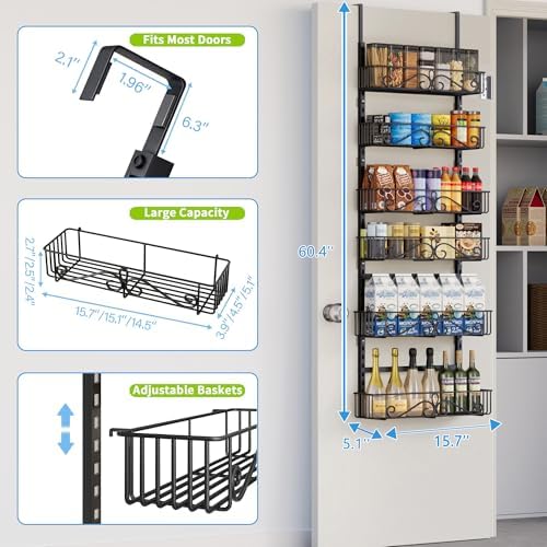6-Tier Over Door Hanging Shelf, Adjustable Metal Storage Rack for Kitchen Pantry Office, Black