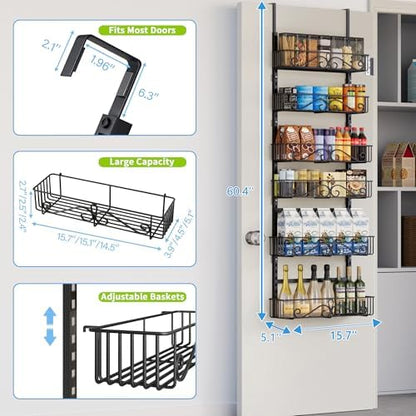 6-Tier Over Door Hanging Shelf, Adjustable Metal Storage Rack for Kitchen Pantry Office, Black