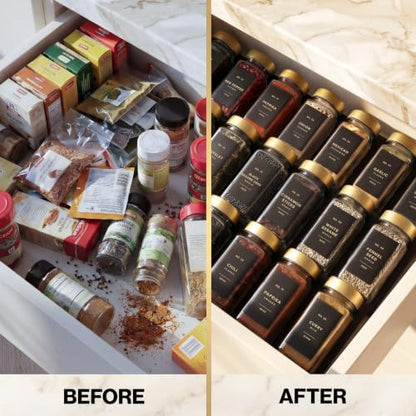 EDELHAUS Glass Spice Jars with Label, 24x Gold Stainless Steel Lids