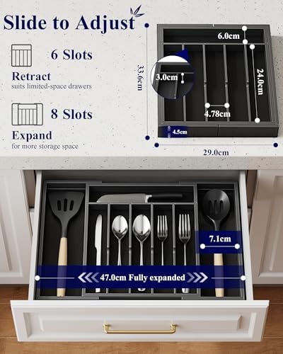 Kitsure Silverware Organizer, Bamboo Kitchen Drawer Tray, Black, Large