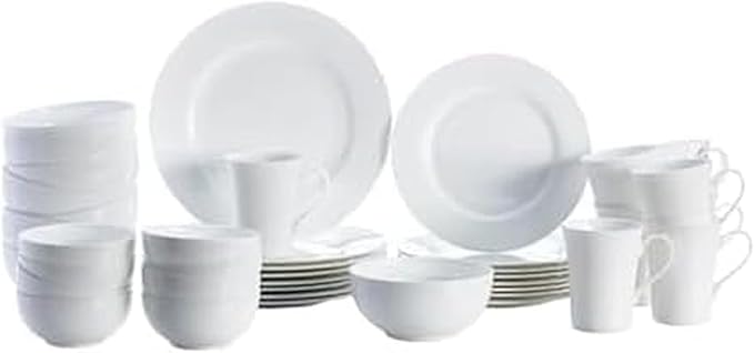 Mikasa Delray 40-Piece White Dinnerware Set, Service for 8, Durable Porcelain Plates, Bowls, and Mugs, Dishwasher and Microwave Safe