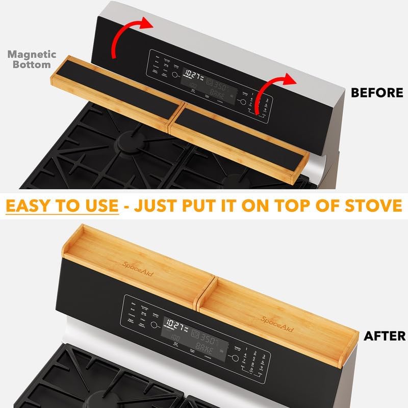 SpaceAid 30" Wide Kitchen Shelf Organizer for Stove, Magnetic Bamboo Spices Shelf for Home Stove Kitchen Storage Organization (Fit for Flat Top Only)