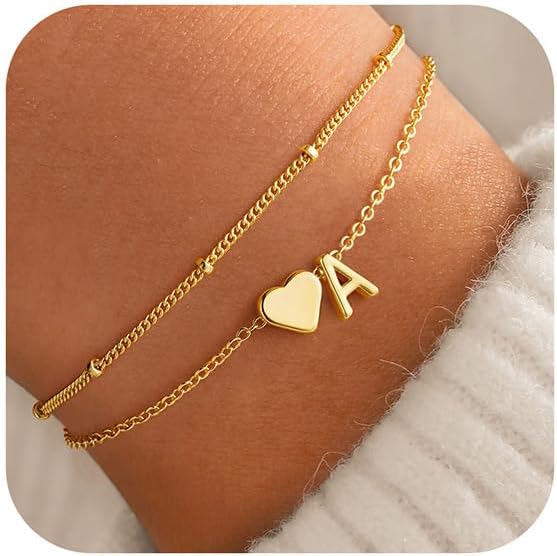 M MOOHAM Initial Heart Bracelets for Women - Layered Dainty 14K-Gold-Plated Heart Letter A-Z Charm Bracelets for Women, Chain Link Charm Bracelets Beaded Bracelets Birthday Gifts Womens Jewelry