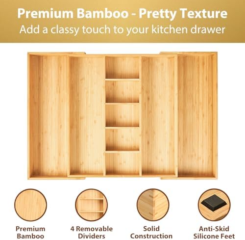 Umilife Extra Large Expandable Kitchen Drawer Organizer for Utensil and Junk, 19" Deep for Big Drawer, 17" to 28" Adjustable Bamboo Wood Drawer Divider, Cutlery Tray, Flatware Holder