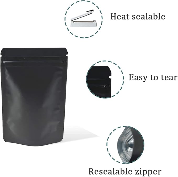 PABCK Stand-Up Resealable Heat Seal Bags 3.55mil Thick Mylar Frosted Black Foil Sealed Bags 50 Pieces 3.35x5.1 inch for Zip Packaging Lock Food Storage Pouch