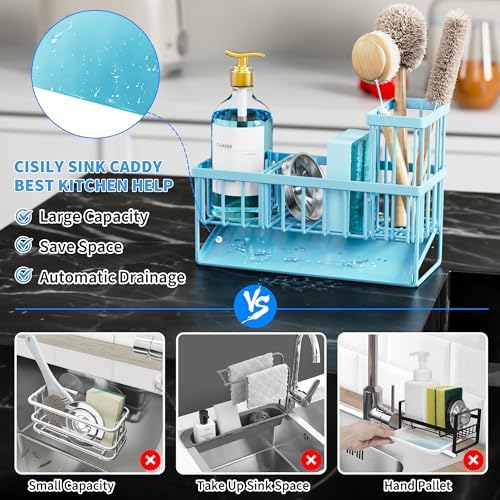 Cisily Blue Kitchen Sink Caddy Organzier with High Brush Holder, Sponge Holder for Sink, 304 Rustproof Stainless, Kitchen Countertop Soap Dispenser Organizer, Blue Home Decor and Accessories