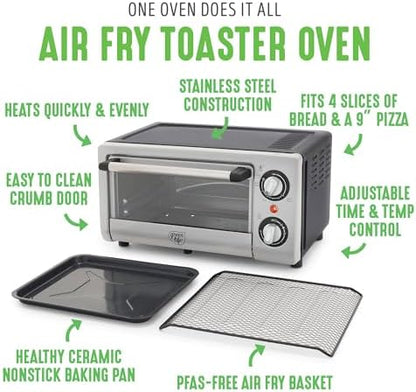 GreenLife Countertop Toaster Oven Air Fryer Stainless Steel, Healthy Ceramic Nonstick, PFAS Free, Tray & Basket, Bake, Broil, Reheat, Adjustable Temp & Time Control, Auto Shutoff, Black
