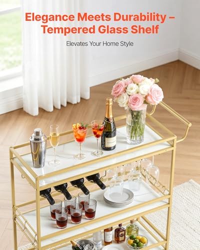 VEVOR Bar Cart, 3 Tiers Home Kitchen Serving Carts, Modern Rolling Utility Station on Wheels, Mobile Drink Beverage Trolley with Wooden Shelf, Wine Rack, and Glass Holder, 35.83x12.99x36.81 in, Gold
