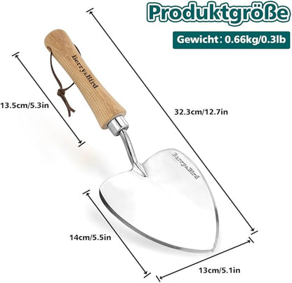 Berry&Bird Perennial Trowel, Oversized Garden Potting Trowels with Sharp Blade Wood Hand Shovel, Stainless Steel Planting TSpade Gardening Tool for Roots,Digging,Transplanting
