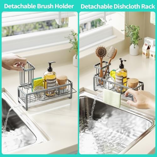 HapiRm Sponge Holder for Kitchen Sink - Self-draining Sink Caddy with Brush and Dishcloth Holders, Stainless Steel Kitchen Organizer for Countertop - Grey