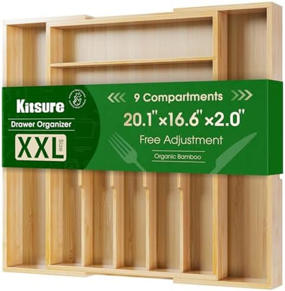 Kitsure Silverware Organizer, Bamboo Kitchen Drawer Tray, Natural, XX-Large