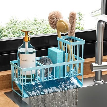 Cisily Blue Kitchen Sink Caddy Organzier with High Brush Holder, Sponge Holder for Sink, 304 Rustproof Stainless, Kitchen Countertop Soap Dispenser Organizer, Blue Home Decor and Accessories