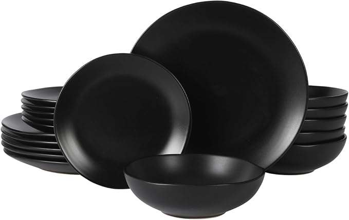 Gibson Home Bethel 18 Piece Plates and Bowls Ceramic Stoneware Organic Shape Dinnerware Set (Service for 6) - Matte Black