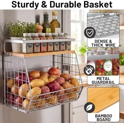 Ofiray-home Magnetic Fridge Shelf with Wood Lid, Fruit Potato Onion Storage Bins, Pantry Organizers, Large Container Spice Rack for Refrigerator, Kitchen Counter, Cabinet (1, Silver)