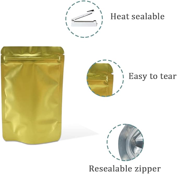 PABCK 50 Pieces 5.5x7.87 inch(Inside Size 4.7x5.1 inch) Stand-Up Resealable Heat Seal Bags 3.55mil Thick Frosted Gold Foil Sealed Bags for Zip Packaging Lock Food Storage Pouch