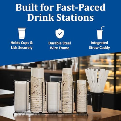 San Jamar Wireworks Cup and Lid Wire Organizer 5 Stacks with Straw Caddy for Restaurants, Dining Halls, and Fast Food, Steel Wire, 8.5 x 27.5 x 5.25 Inches, Black