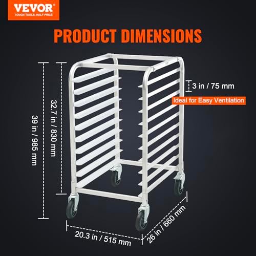 VEVOR 10-Tier Bun Pan Rack, Aluminum Racking Trolley Storage with Brake Wheels, Commercial Bakery Racks for Half & Full Sheet, Speed Rack For Kitchen Home, Bread Baking Equipment, 26"L x 20.3"W x 39"H
