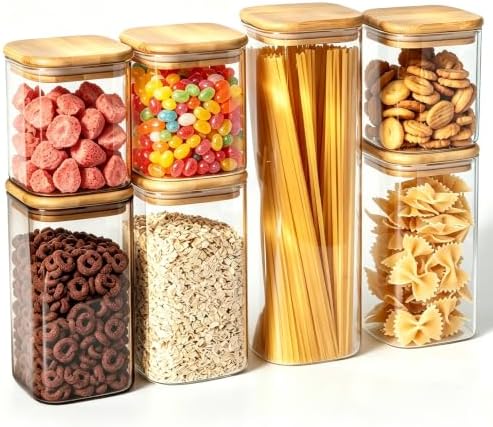 7 Pack Square Glass Storage Containers with Lids, Multi-Size Canisters Sets for the Kitchen & Pantry food storage jar – Ideal for Storing Pasta, Cereal, Flour, Sugar, Nuts, Coffee Beans & More
