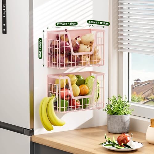 2 Pack Magnetic Shelves for Fridge, Pink Magnet Wire Fruit Baskets