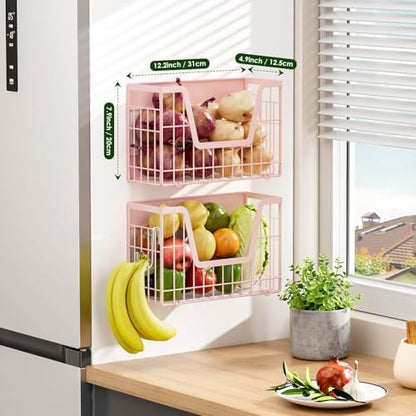 2 Pack Magnetic Shelves for Fridge, Pink Magnet Wire Fruit Baskets