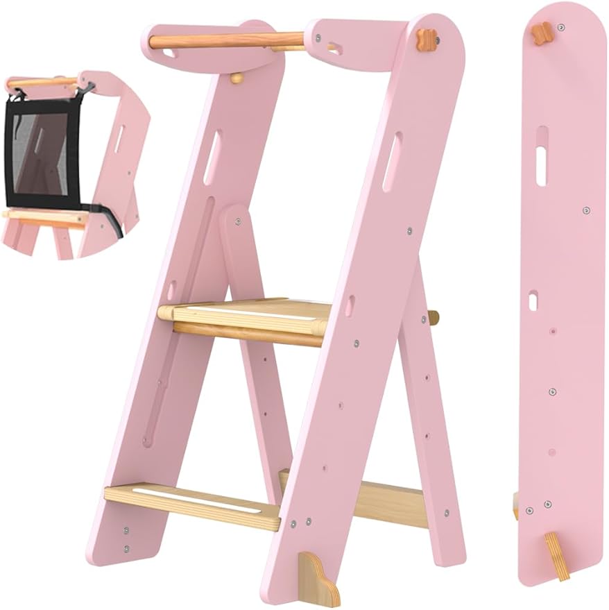 GROWNSY Foldable Step Stool Toddler Tower, Toddler Kitchen Stool Helper, Collapsible Kids Standing Learning Tower with 3 Adjustable Heights and Safety Net for Kitchen Bathroom Sink Counter (Pink)