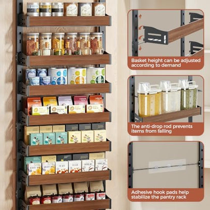 8-Tier Pantry Door Organizer, Over the Door Pantry Organizer with Wooden Adjustable Baskets, 2 IN 1 Spice Rack Wall Mount or Door Organizer, Door Spice Rack for Pantry（72.6×17.1×5.1in,Black)