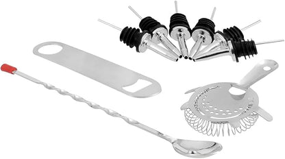 Vinod Stainless Steel Cocktail Set | 17 Piece Bar Accessories Set | 26 Ounce Boston Shaker w/Strainer Rubber Pourers Bar Jigger, Cocktail Spoon & More | Drink Mixer Bar Set | Bartender Kit