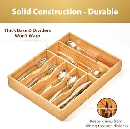 Umilife Kitchen Drawer Organizer, 12.5 Inch Silverware Utensil Tray Holder, Extra Deep, with Non-Slip Feet & Grooved Drawer Divider, 7 Slots Total Bamboo Wood Caddy for Flatware Cutlery Knives
