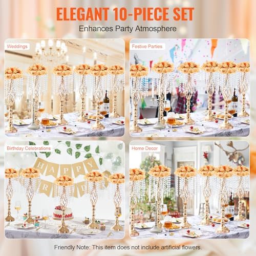 VEVOR 10PCS 55cm/21.65” Tall Crystal Wedding Flower Stand, Metal Wedding Centerpiece Vase, Gold Flower Holders Floral Display Rack for Tables Wedding Dinner Party, Ceremony Birthday Event Decor